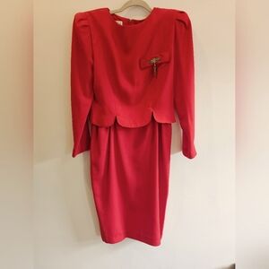 Vintage Leslie Fay Red Dress with Bronze Accent